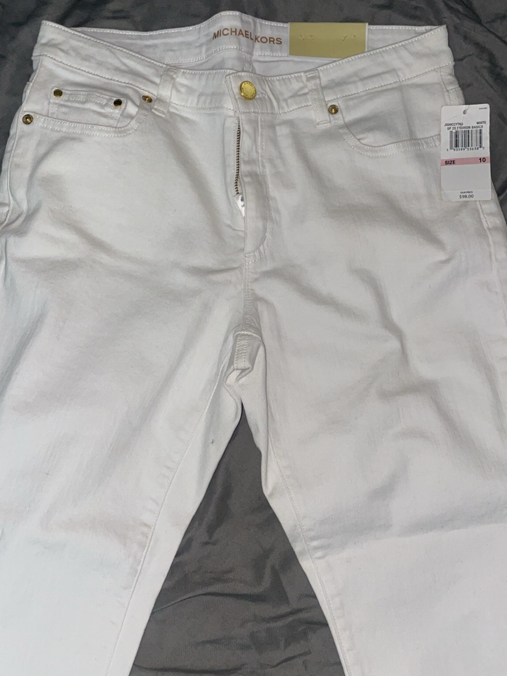 Michael Kors Men’s Slim Straight White Jeans with Gold Hardware